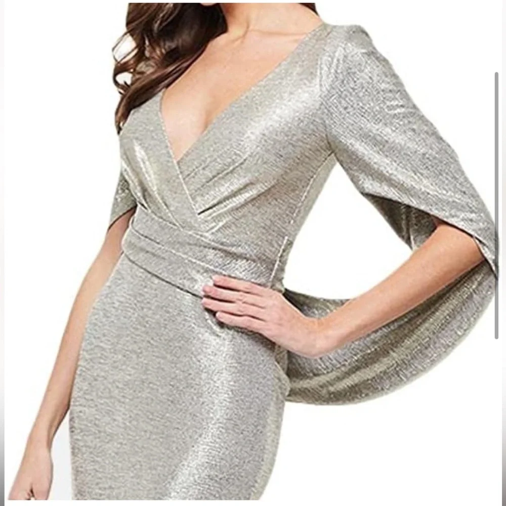 Betsy & Adam Metallic Cape-Sleeve Gown- Size 6 - Picture 2 of 10